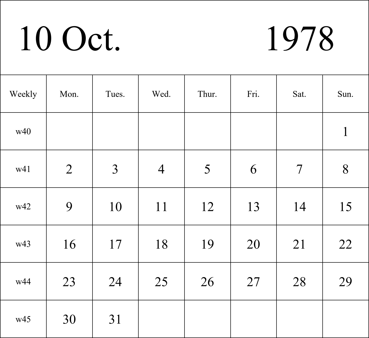 日历表1978年日历 英文版 纵向排版 周一开始 带周数 带节假日调休安排